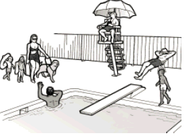 A drawing showing a pool area with a lifeguard and several people swimming. A mother with a service animal leads her two young children into the pool area.