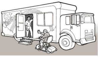 A drawing of an older bookmobile parked in a parking lot with a person using a scooter approaching the side door. The entry door has steps and no ramp. A call button, located on the side of the bookmobile, is pushed to call the staff person to the door to provide service.