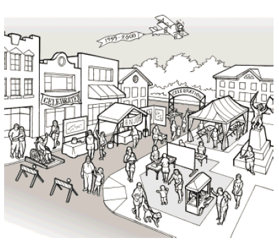 A drawing of a fair being held in a town square. A street is blocked off and booths are located in the street and in the adjacent town park. A temporary curb ramp has been added to provide access from the sidewalk to the street. People are stopped at booths and displays. Several people with disabilities are shown in the drawing including a person using a wheelchair who is using the temporary ramp, and a person walking with their service animal.