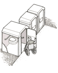 A drawing showing three portable toilets in a row. A man using a wheelchair is entering the one accessible portable toilet. The side of the portable toilet is cut away showing the grab bars and clear floor space beside the toilet. A flush floor surface is provided between the pavement outside the accessible toilet and the interior.