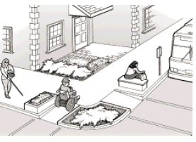 Drawing showing a street corner with two returned curb ramps. Planters and a bench are positioned at the sides of the curb ramps. A woman using a white cane is approaching from the left and a man using a power wheelchair is on one curb ramp after crossing the street.