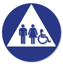 White triangle on blue circle restroom sign, with pictogram and ISA