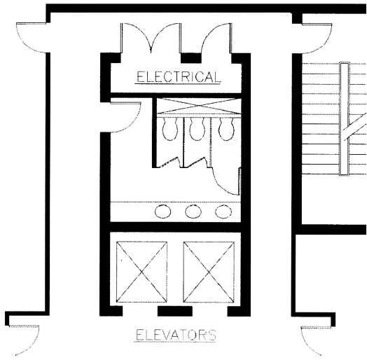 Plan drawing showing multi-user toilet room bordered by an electrical room to the north and elevator shafts to the south.