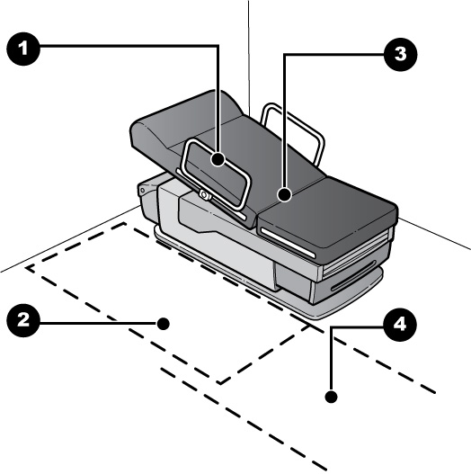 Drawing showing features of an adjustable height exam table.