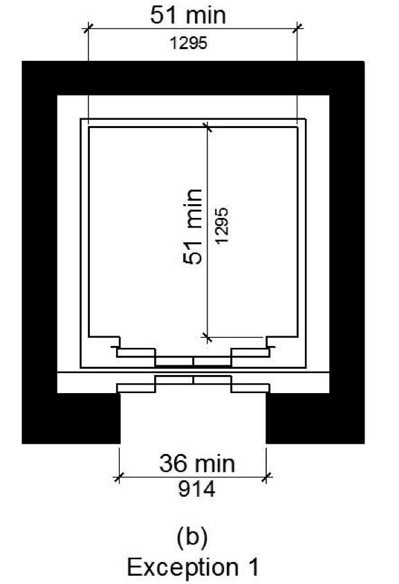 Figure (b) illustrates Exception 1. The door width is 36 inches minimum and the car has a clear interior space 51 by 51 inches minimum.  