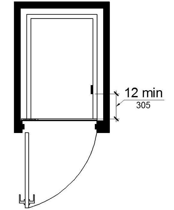 A plan view shows an elevator with an out-swinging hoistway door. The control panel is shown on the car side wall 12 inches minimum from the front.