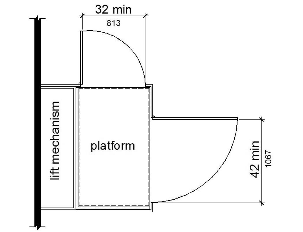 A rectangular lift platform is shown in plan view with an end door 32 inches minimum, and a side door 42 inches minimum.