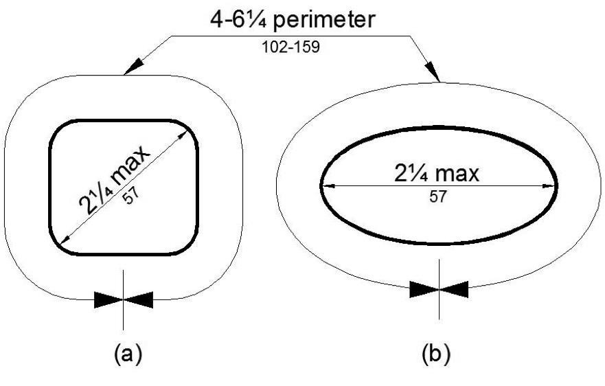 Figure (a) shows a handrail with an approximately square cross section and figure (b) shows an elliptical cross section. The largest cross section dimension is 2 1/4 inches maximum. The perimeter dimension must be 4 to 6 1/4 inches.