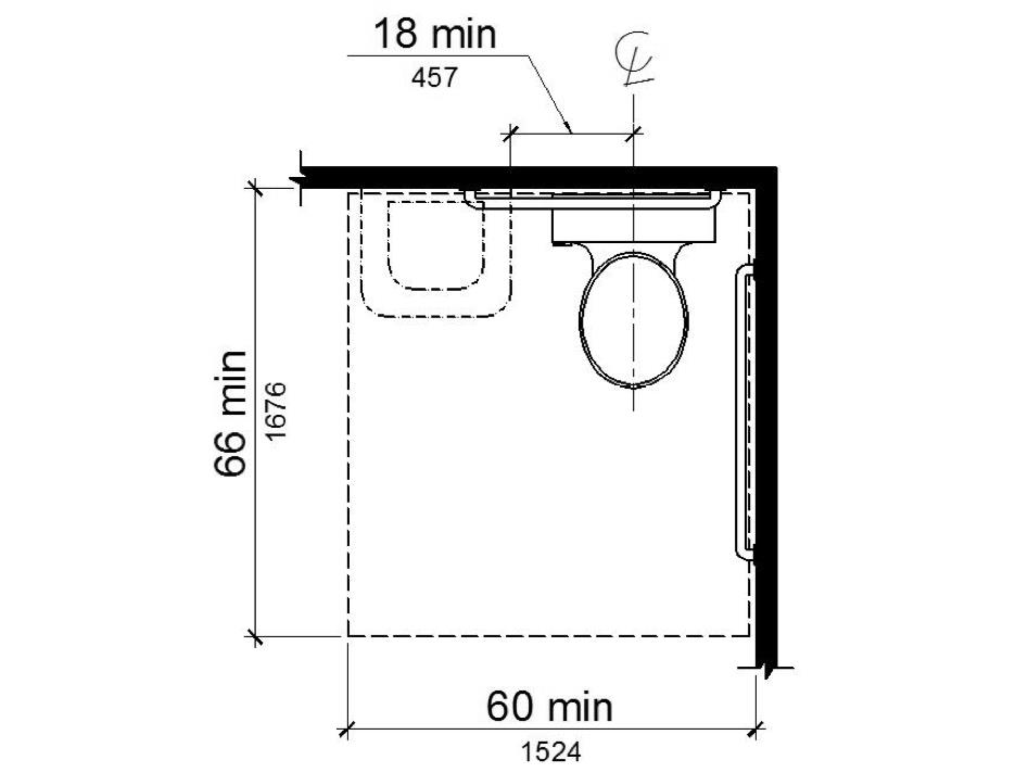 The clearance around a water closet is shown in plan view to be 60 inches wide minimum and 66 inches deep minimum with a lavatory permitted on the real wall if the distance between the lavatory nearest edge and the water closet center line is 18 inches minimum.
