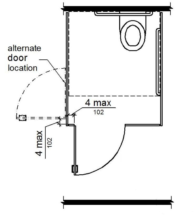 The compartment door is hinged 4 inches maximum from the side wall or partition farthest from the water closet so that the door opens on to the open transfer space. The minimum clearance between the door side of the stall and any obstruction is 42 inches.
Plan drawing of a wheelchair accessible compartment. The compartment door is hinged 4" maximum from the corner opposite the water closet. The compartment door swings out and is shown at the end of the stall with an alternate door location shown on the side of the compartment opposite the side wall with the grab bar.