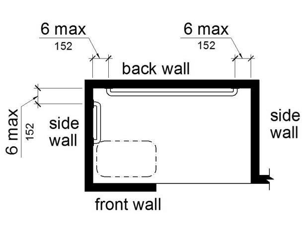 This figure shows an alternate roll-in shower with a seat.  A grab bar extends on the wall opposite the seat and is 6 inches maximum from adjacent walls.  Another grab bar is mounted on the side wall adjacent to the seat; this grab bar does not extend over the seat and is 6 inches maximum from the back wall.
