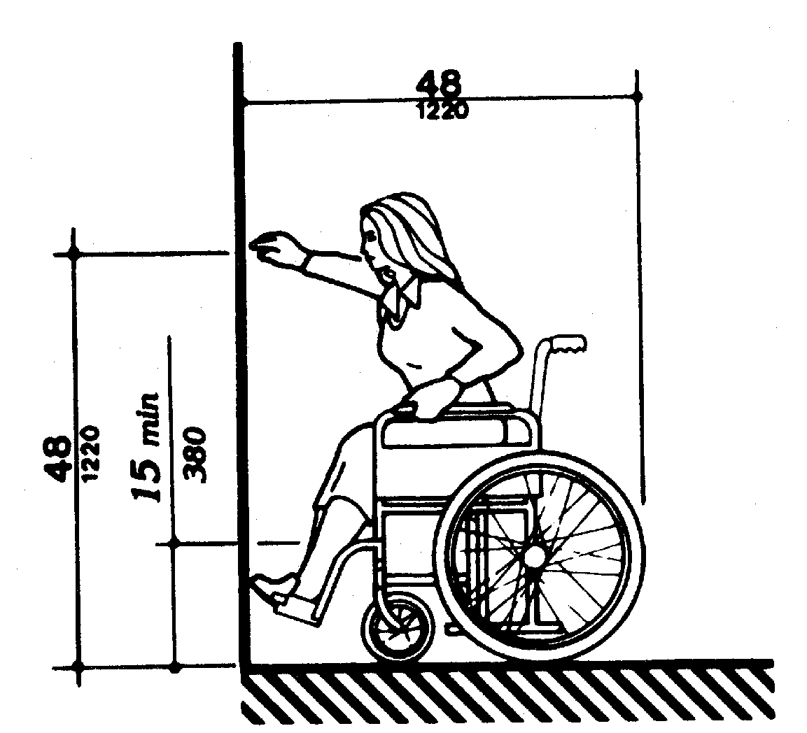 Line drawing of a person seated in a wheelchair reaching forward. Maximum height for forward reach is 48 inches, minimum height is 15 inches. Depth of clear floor space for a forward reach is 48 inches.