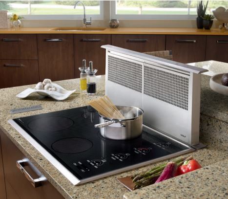 Cooktop with vent hood at the back of the unit