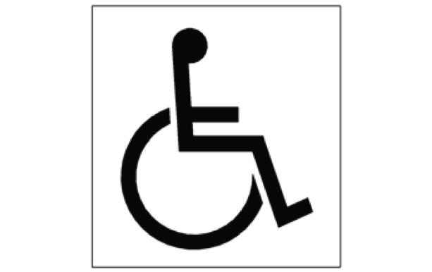 Pictogram that shows the simplified profile of a person seated in a wheelchair.
