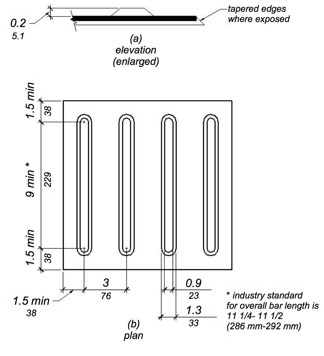 Figure (a) shows an enlarged elevation of detectable directional texture, including the 0.2" height requirement for the raised bar. Figure (b) shows a plan drawing of detectable directional texture, including spacing for the raised bars between the bars and from the end of the bar to the end of the panel.