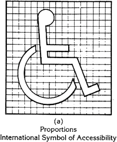 Figure 43(a) Proportions International Symbol of Accessibility: The diagram illustrates the International Symbol of Accessibility on a grid background. 
