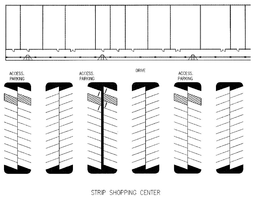 Diagram showing dispersed accessible parking in a strip shopping center