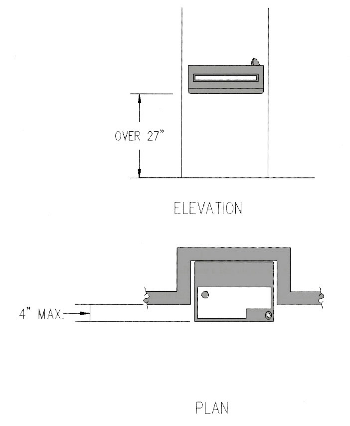 Elevation and plan diagram showing drinking fountain recessed in an alcove
