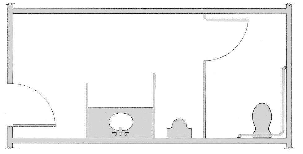 Plan diagram showing a multi-user toilet room with an end-of-row stall
