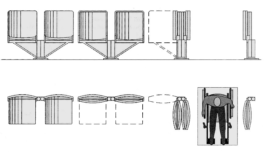 Plan diagram showing how removable seats or other fixed seats that swing or fold away from the space can be used in wheelchair spaces