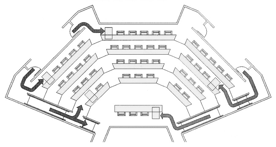 Plan diagram of an assembly area and accessible routes to the stage