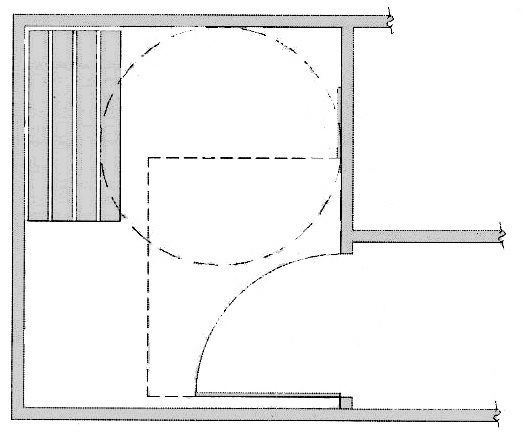 Plan diagram showing turning circle and door maneuvering clearance in a dressing room