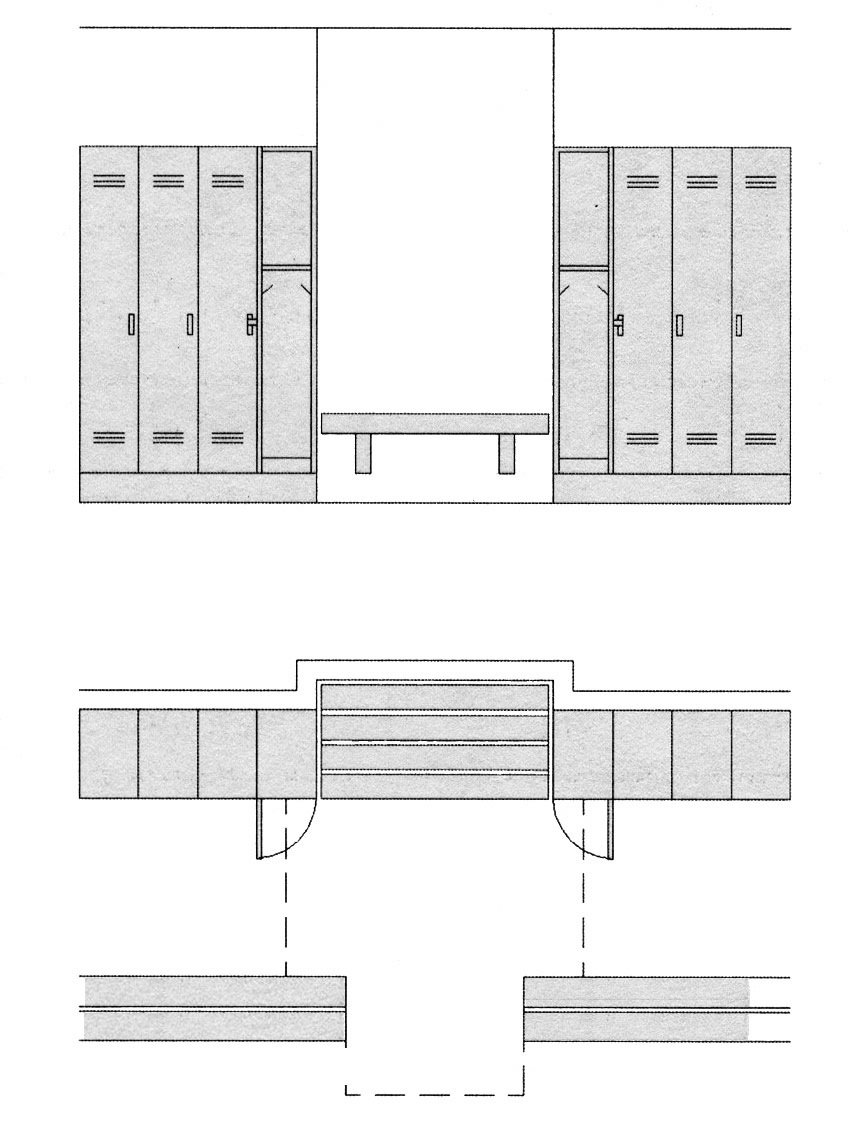 Locker room elevation and plan showing bench and T-turn space