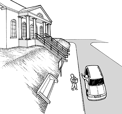A drawing of an old library building at the top of a hill overlooking the street with a tall staircase leading to it. A library worker is bringing a box of books down to a vehicle stopped at the curb.