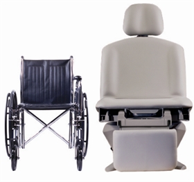 Height adjustable exam table/chair with seat back in the seated position with a manual wheelchair positioned adjacent