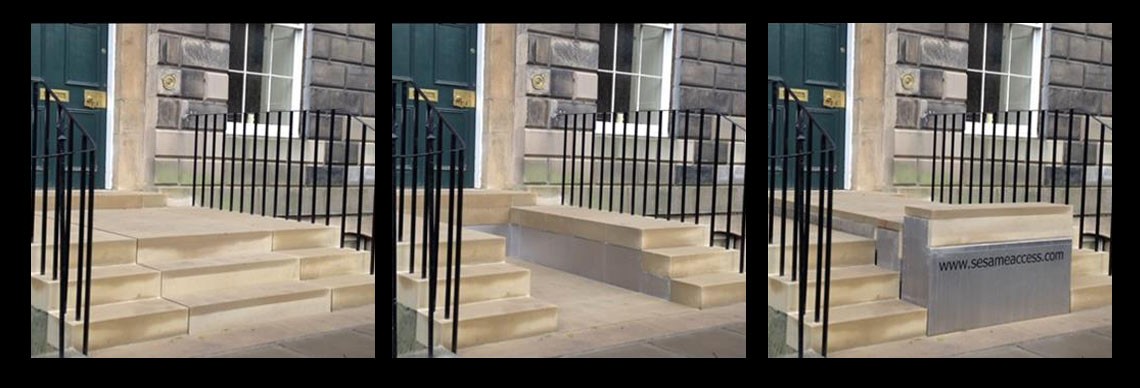 Series of three photos showing stairs that retract to reveal a platform lift