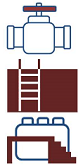 stacked icons of a valve, structure with ladder, and a boiler