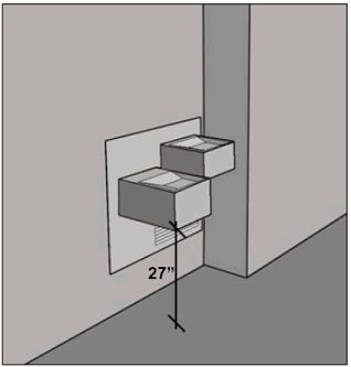 Hi-lo drinking fountain with higher unit enclosed by lower unit on one site and a wall bump-out on the other