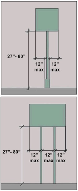 Post-mounted objects with leading edges 27" to 80" high protruding 12" max. from post or pylon; second image shows object on two posts with same protrusion limits and 12" max. distance between posts