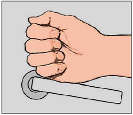 Hand (closed fist) pushing down on lever door hardware