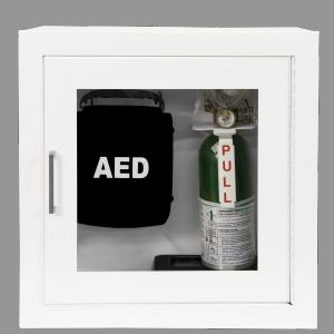 Glass door cabinet containing an AED unit and a fire extinguisher