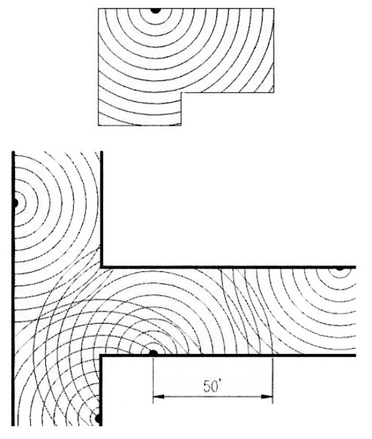 Diagrams showing corridors with strobe's fifty-foot radius