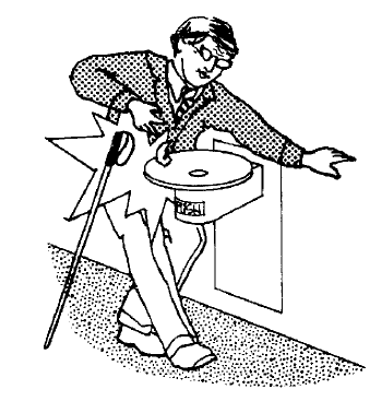 Illustration of a blind person walking into the side of a wall-mounted drinking fountain that is a protruding object.