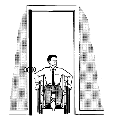 Illustration showing a man who is using a wheelchair passing through a doorway. The door is equipped with round doorknobs.