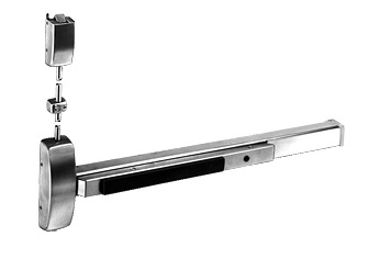 Door panic hardware with single point top latching surface mounted vertical rod
