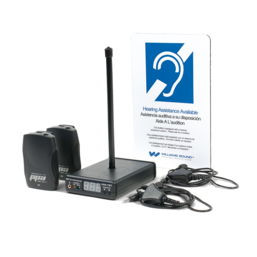  Assistive listening system with headset, receivers, and ALS signage