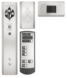 Elevator call buttons, car controls, and car position indicator
