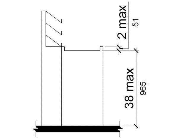 A counter surface is shown in elevation with a maximum height of 38 inches  above the floor or ground and with edge protection above the surface that is 2 inches high maximum.