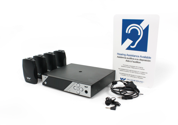 All the electronic elements of a personal PA system unit including four receivers and ISA for Hearing Loss signage