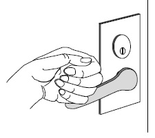 Illustration - view of a lever handle mounted on an entry door with a hand pushing down on the lever.