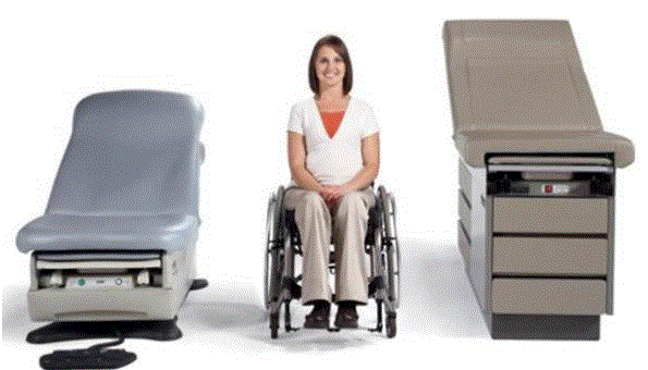 Fixed height examination table on right, adjustable height examination table on left. Woman in manual wheelchair positioned between the two tables.