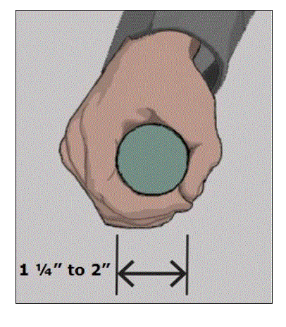 Picture of a hand around the circular cross section of a transfer support. The size of the gripping surface is shown to be 1 1/4 inches minimum to 2 inches maximum.