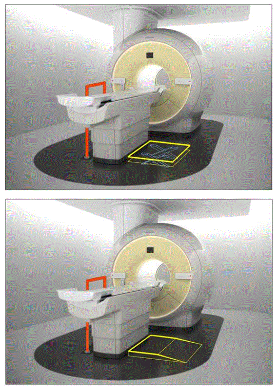 Illustration of imaging equipment with various accessories deployed as part of an accessibility configuration. The first illustration shows a floor mounted support combined with a scissor lift. 