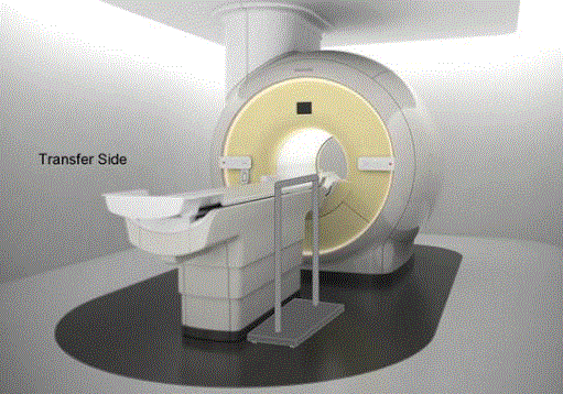 Illustration of a wheeled support on a CT Scan. The wheels would lock and the base is sufficiently robust and sized for appropriate loadings. The support could be made to be height adjustable.