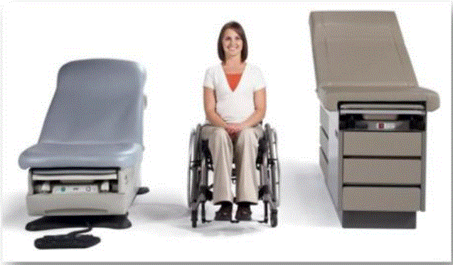 Fixed height examination table on right, adjustable height examination table on left. Woman in manual wheelchair positioned between the two tables.