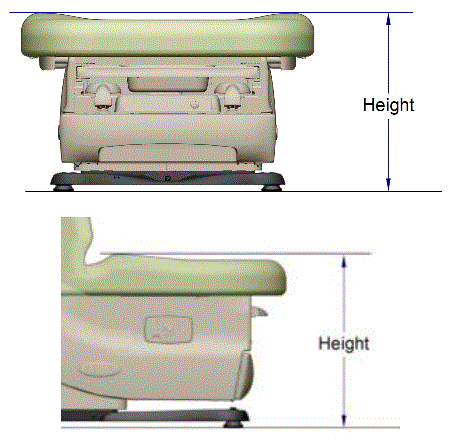 Picture showing the side of an examination table with an arrow illustrating the is to be measured from the highest point of the seat. The seat is contoured higher on the sides then in the middle.